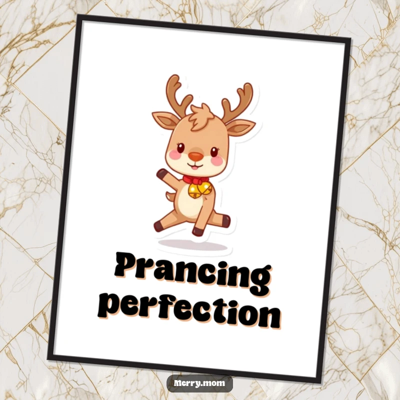 Funny poster art of a playful reindeer with rosy cheeks, prancing energetically with festive bells, creating a vibrant and joyful holiday scene.