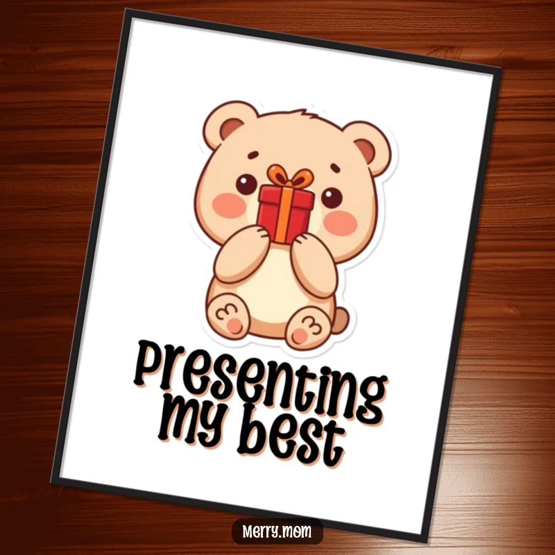 Funny little bear holding a bright red present, displayed as charming wall art for nurseries or living spaces.