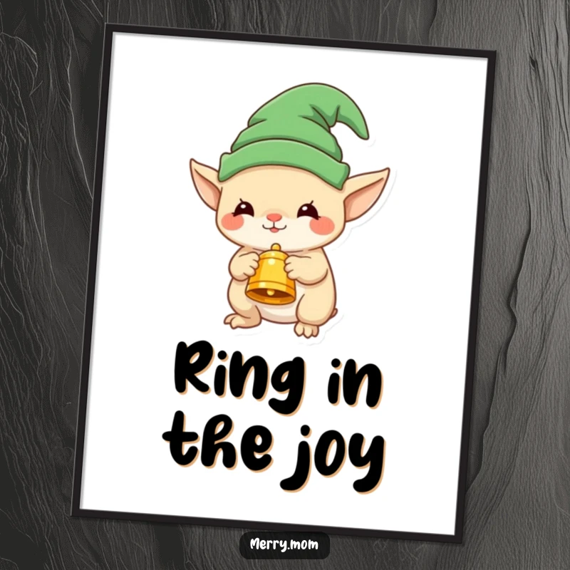 Funny poster art of a whimsical elf creature in a hat offering a small, festive bell, perfect for holiday decor.