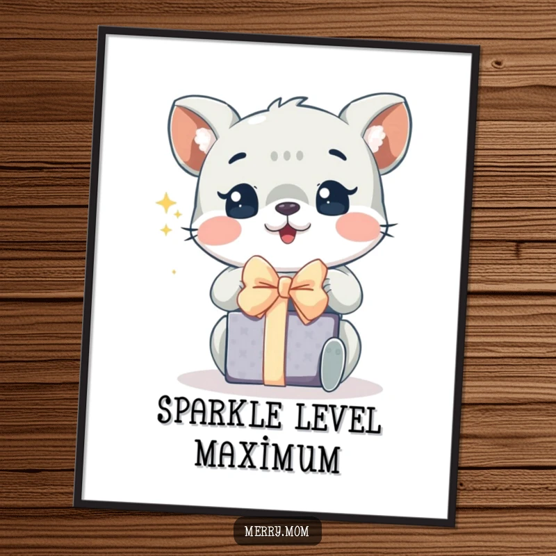 Funny poster of an animal with shining eyes, eagerly unwrapping a present, capturing the essence of holiday excitement.