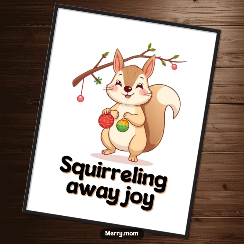 Funny Squirrel Poster featuring a cheerful squirrel decorating a branch with tiny ornaments, creating a festive scene.