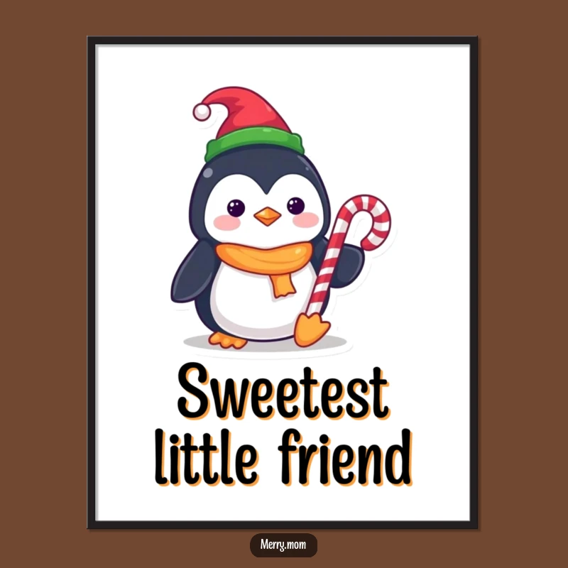 Funny Kawaii Penguin Poster: Elf Hat Candy Cane Charm, Festive Wall Art Gift