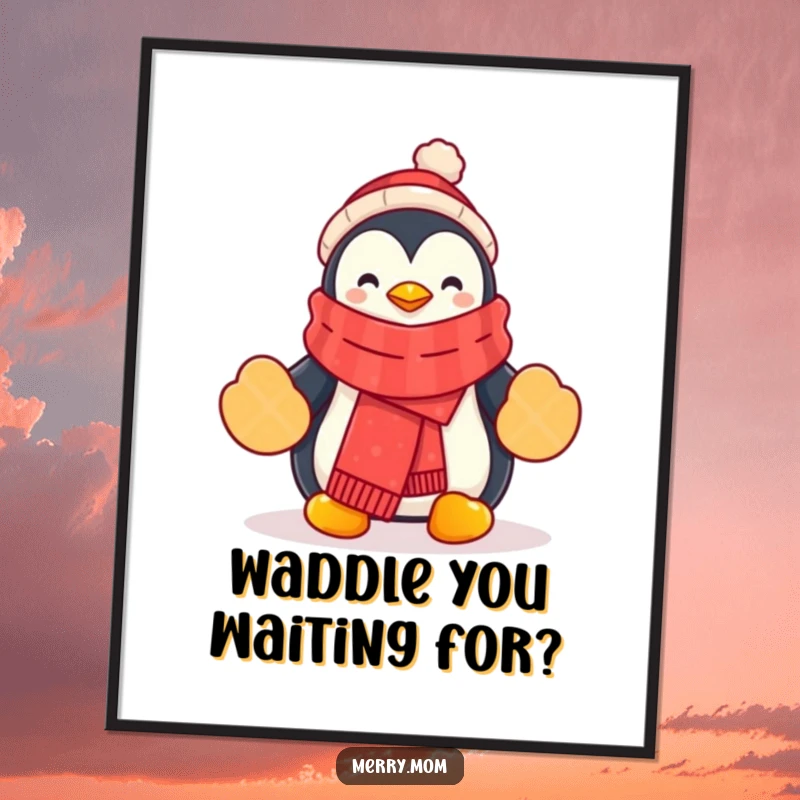 Funny Penguin Poster featuring a cartoon penguin wearing a festive scarf and mittens, creating a winter wonderland.