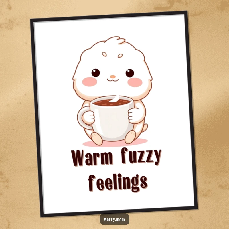 Funny poster art of a cute creature with a warm smile, holding a steaming mug of cocoa, perfect for creating a cozy ambiance.