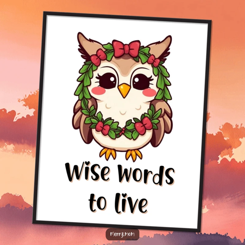 Funny Kawaii Owl Poster adorned with a festive wreath, hooting happily, creating a cheerful holiday scene.