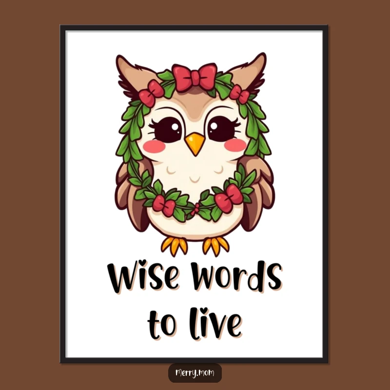Funny Kawaii Owl Poster: Festive Wreath Hoot, Cheerful Holiday Wall Art