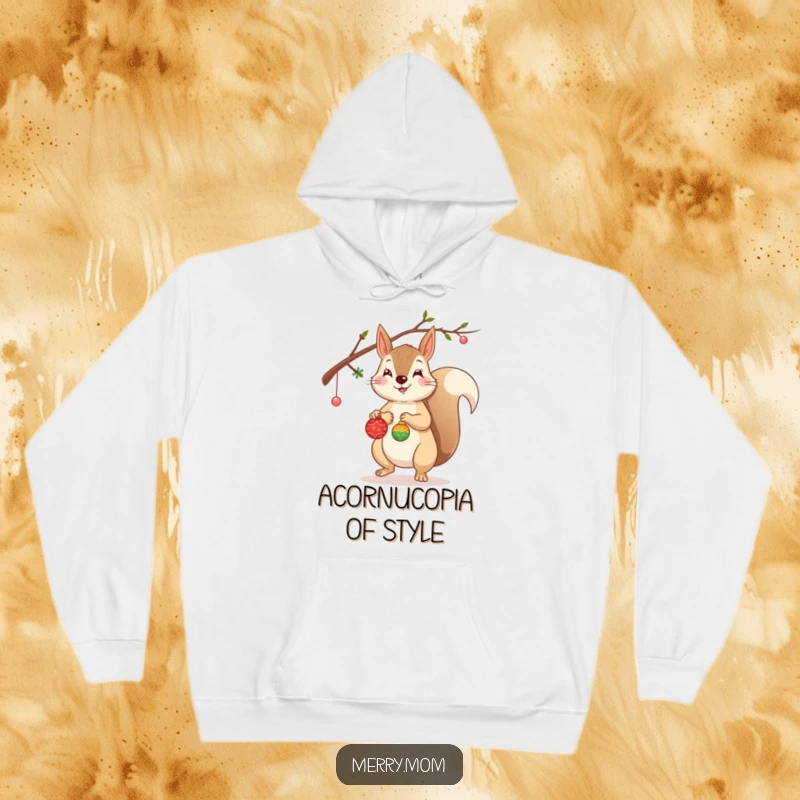 Funny Squirrel Hoodie depicting a cheerful squirrel hanging tiny ornaments on a branch, perfect for cozy vibes.