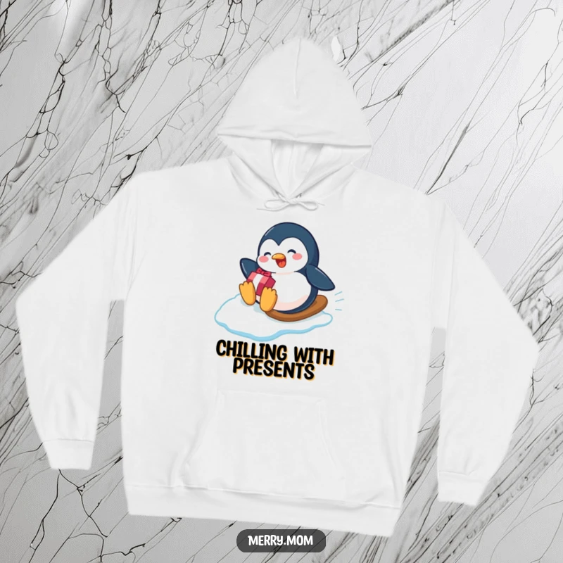 Funny playful penguin sliding down an icy slope with a gift on a hoodie, ideal for cozy winter laughs.