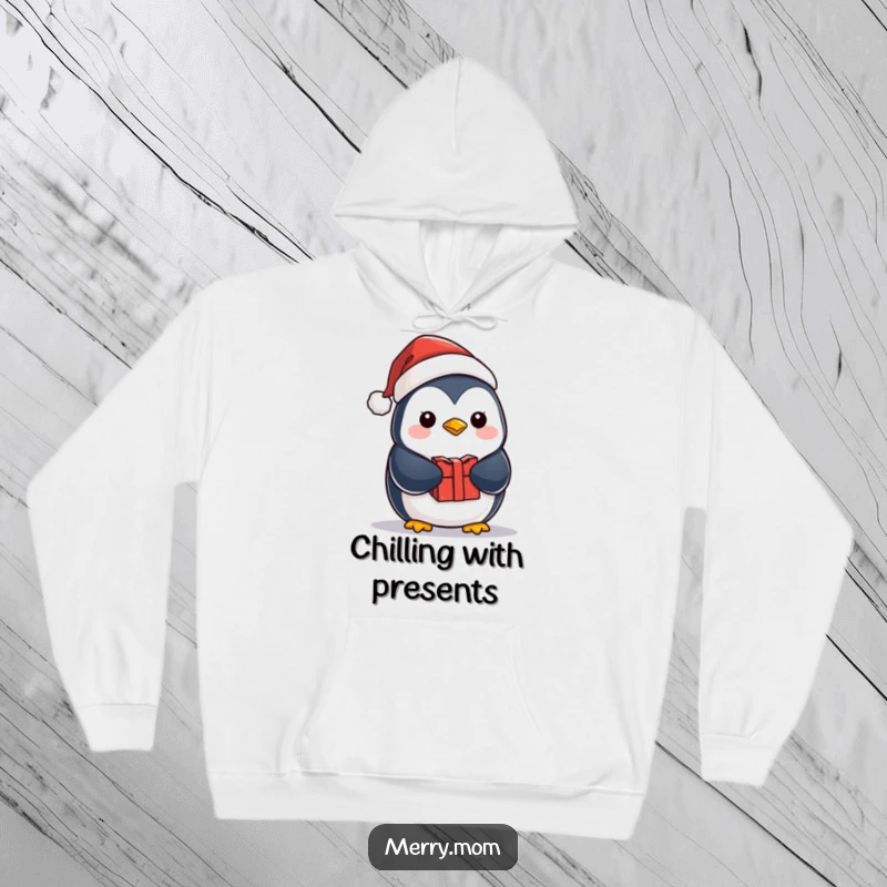 Funny kawaii penguin in a Santa hat, holding a present, featured on a warm and humorous holiday hoodie.