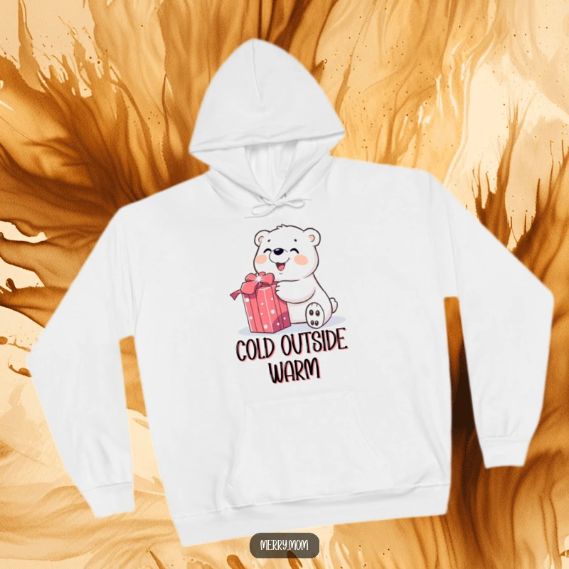 Funny hoodie design of a smiling polar bear character joyfully unwrapping a sparkly gift, radiating warmth and holiday cheer.
