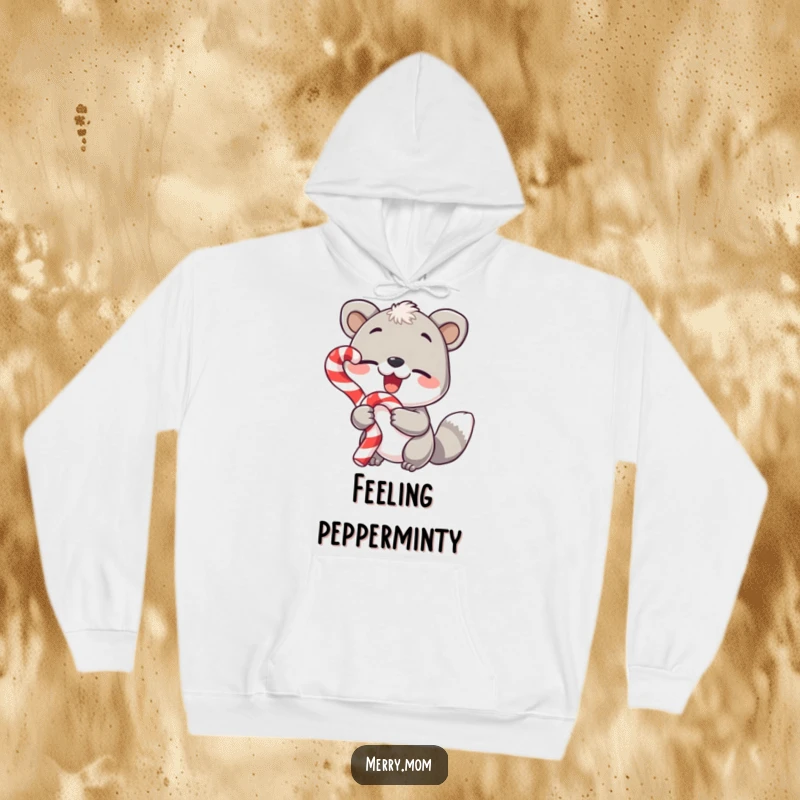 Funny hoodie, cute animal holding a candy cane and winking, warm and festive design.
