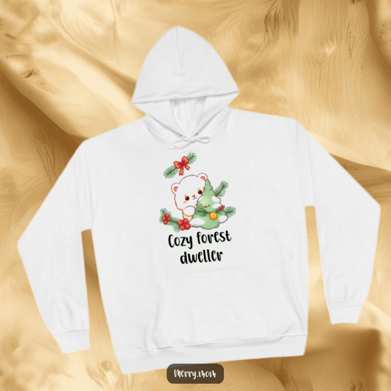 Funny hoodie, cute fluffy creature hiding behind a decorated Christmas tree, warm and whimsical apparel.