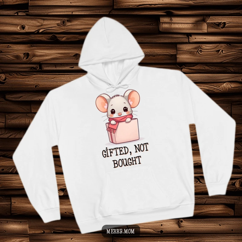 Funny kawaii mouse peeking from a gift box on a cozy hoodie, a heartwarming and humorous design for chilly days.