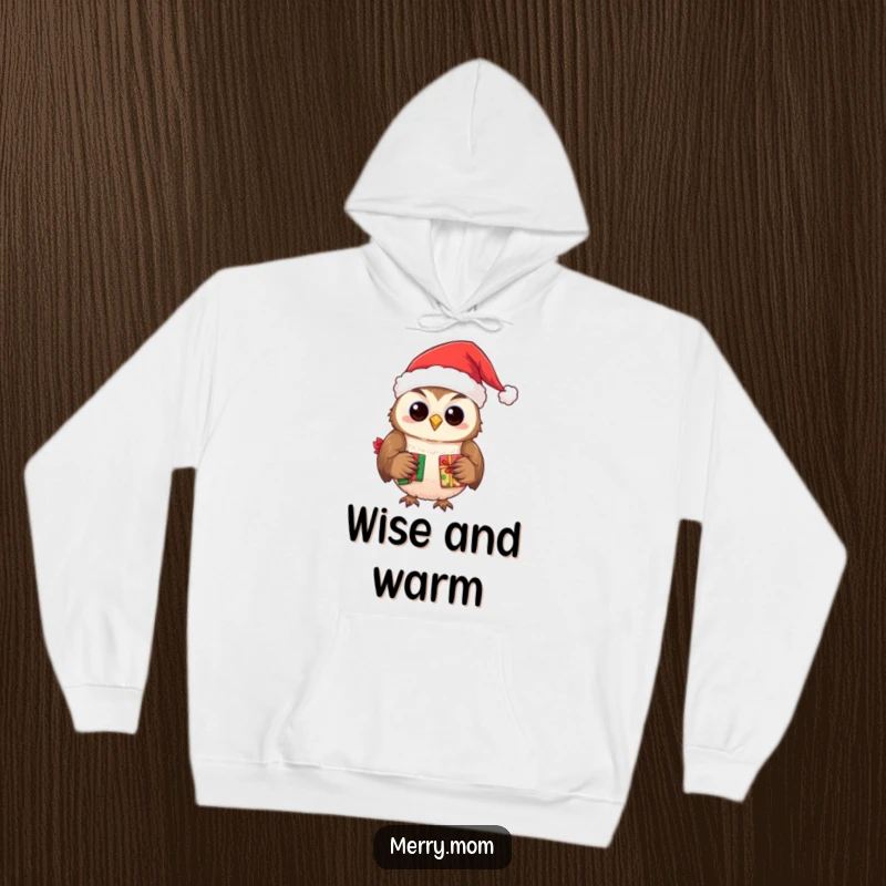 Funny hoodie featuring a smiling owl wearing a cozy Santa hat, delivering presents.