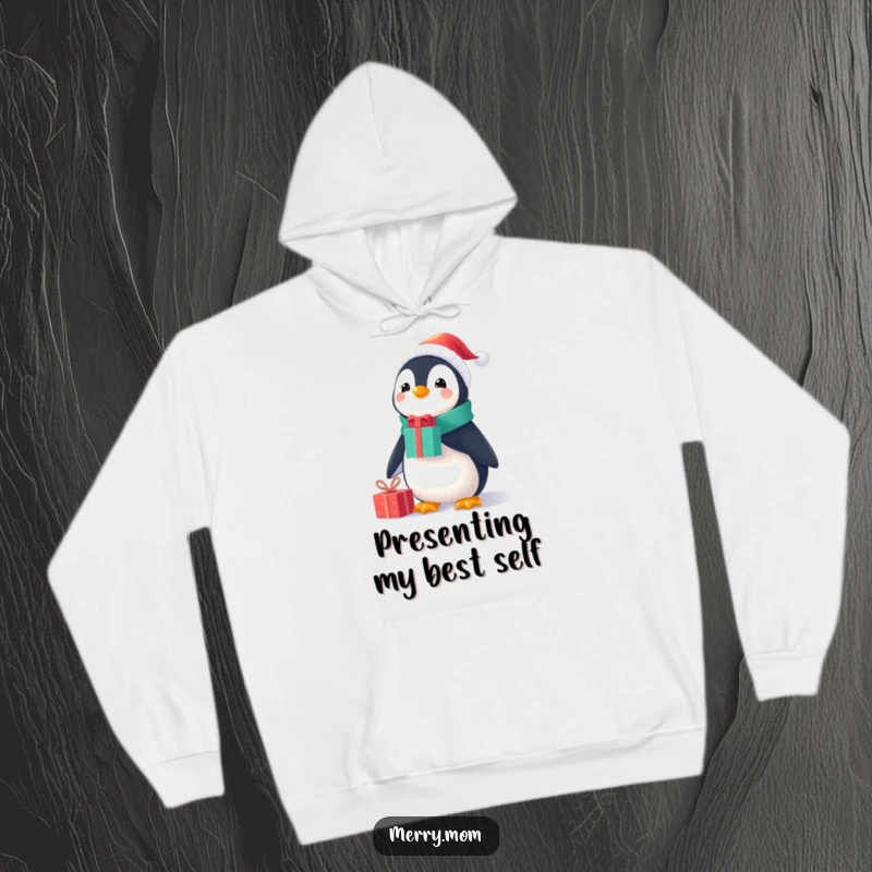 Funny Christmas hoodie featuring a cheerful penguin in a tiny Santa suit, masterfully balancing gifts on its nose for a festive look.