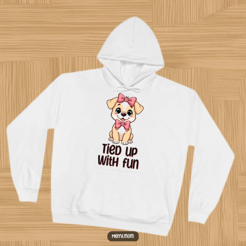 Funny playful puppy wearing a festive bow, designed on a warm and cozy hoodie for ultimate comfort.
