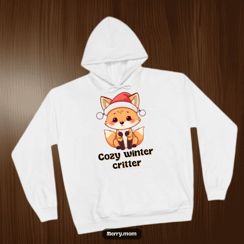 Funny Santa Fox hoodie featuring a cute fox wearing a tiny Santa hat, full of festive anticipation for the holidays.