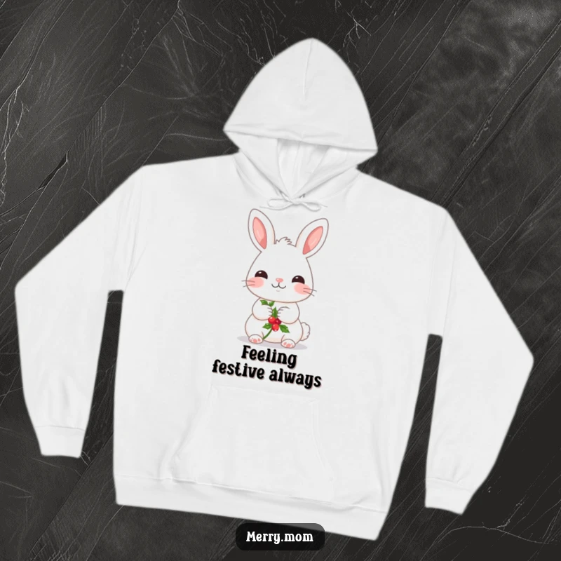 Funny hoodie with a kawaii bunny holding a sprig of holly, offering cozy holiday charm and sweetness.