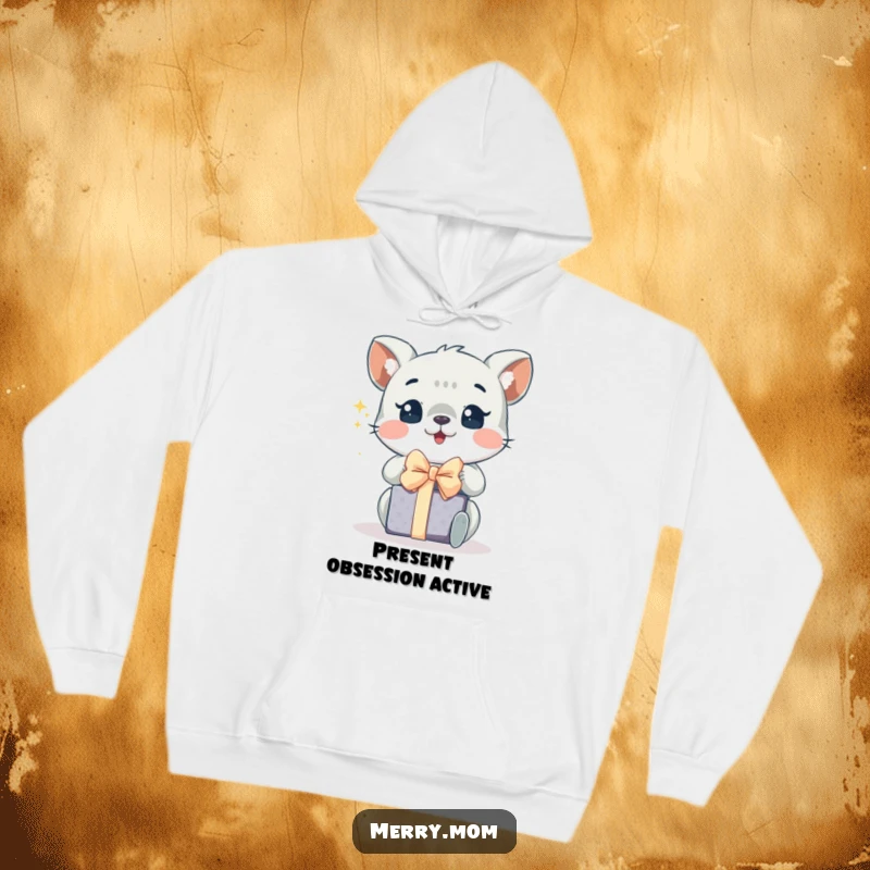 Funny hoodie featuring an animal with sparkling eyes, joyfully unwrapping a gift, perfect for cozy holiday moments.