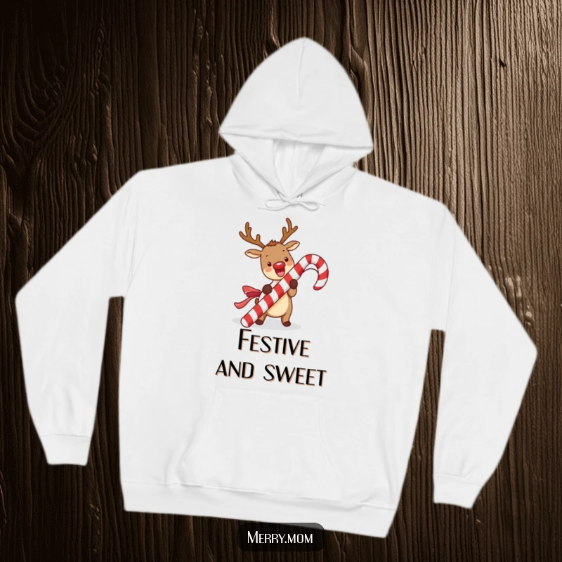 Funny kawaii reindeer hoodie featuring a cute reindeer excitedly unwrapping a giant candy cane, offering warmth and festive fun.