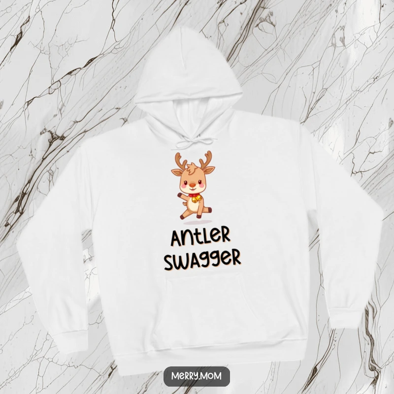 Funny hoodie design of a delightful reindeer with rosy cheeks, joyfully prancing with festive bells, creating a warm and cheerful holiday vibe.
