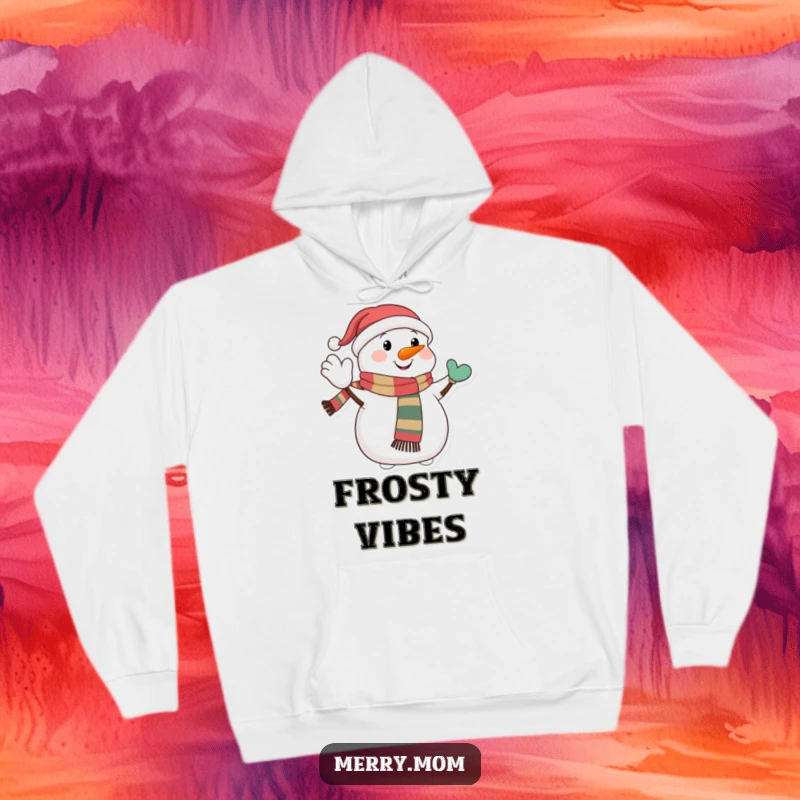 Funny hoodie design of a happy snowman character wearing a festive scarf, giving a jolly wave, creating a warm and inviting winter vibe.