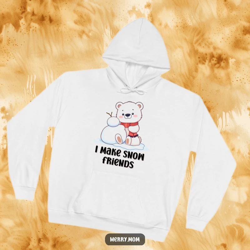 Funny Kawaii Polar Bear Cub Hoodie, bringing warmth and cheer while building a snowman, comfortable winter apparel.