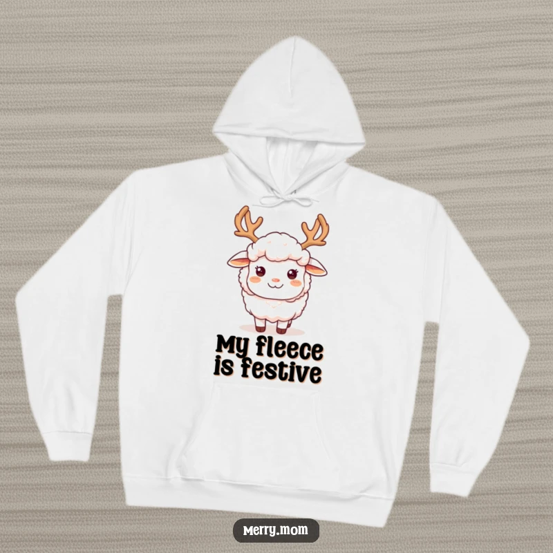 A funny, fluffy sheep sporting reindeer antlers and a joyful smile, designed on a warm hoodie for holiday cheer.