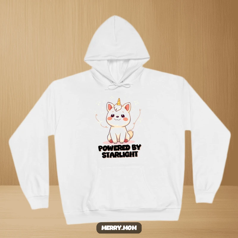 Funny gleeful animal surrounded by twinkling fairy lights, cozy in a hooded sweatshirt, exuding happiness and festive warmth.