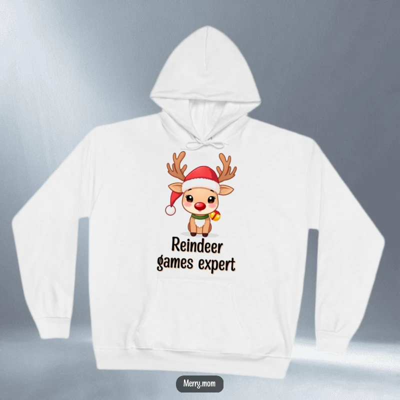 Funny Reindeer Hoodie showcasing a cute reindeer in a Santa hat with jingle bells, perfect for cozy Christmas vibes.