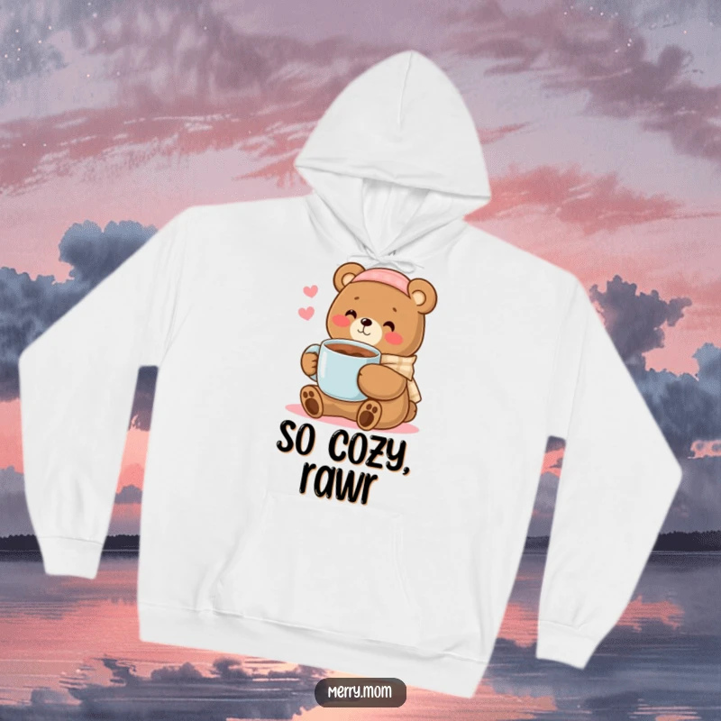 Kawaii bear mom character offering a mug of cocoa, a soft and humorous hoodie perfect for cozy relaxation.