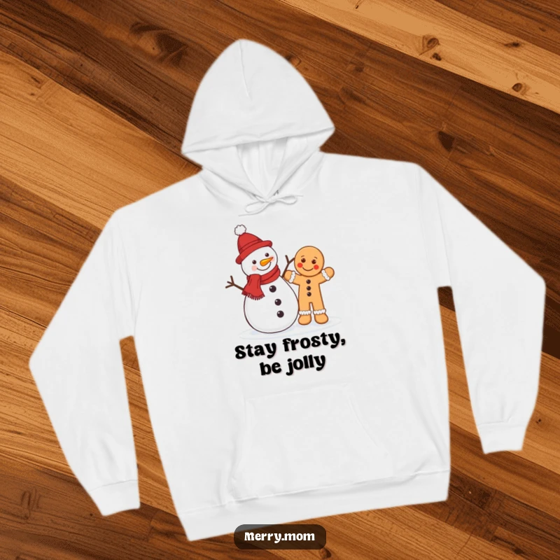 Funny Christmas hoodie featuring a jolly snowman and a happy gingerbread man waving, perfect for staying warm and festive.