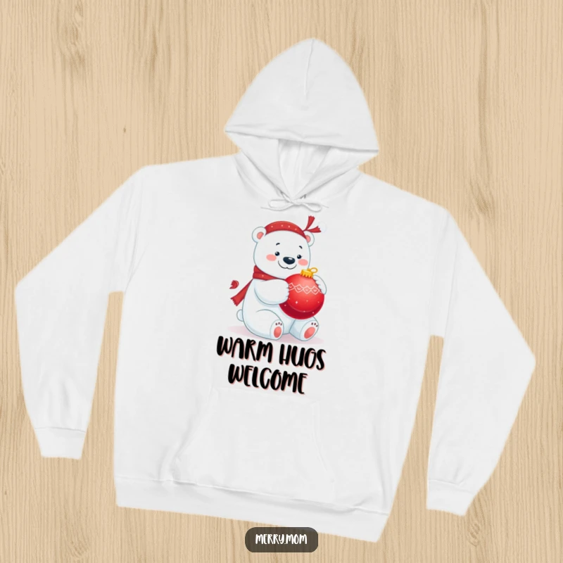 Funny hoodie featuring a jolly polar bear hugging a big red ornament, perfect for cozy holiday warmth.