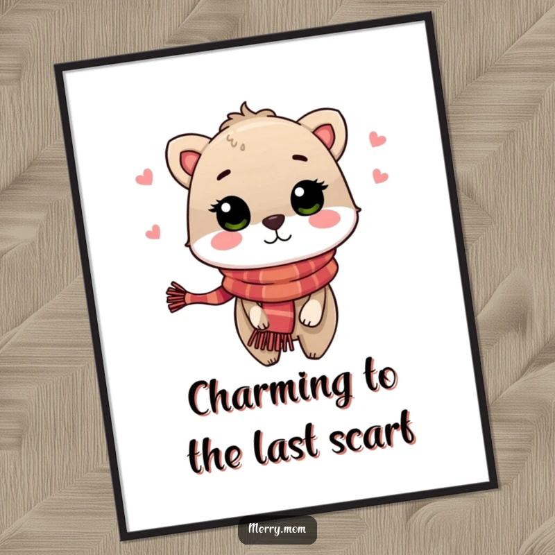 Adorable free printable wall art of a cute animal in a festive scarf, blowing a sweet, charming kiss for whimsical decor.