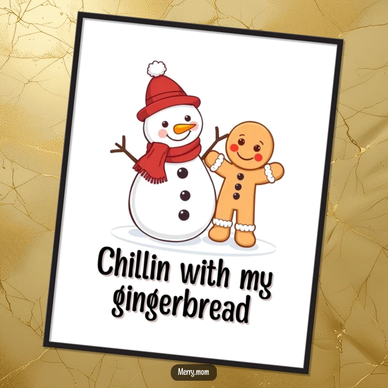 Funny Free Printable Wall Art: A jolly snowman stands beside a happily waving gingerbread man, cheerful downloadable art.