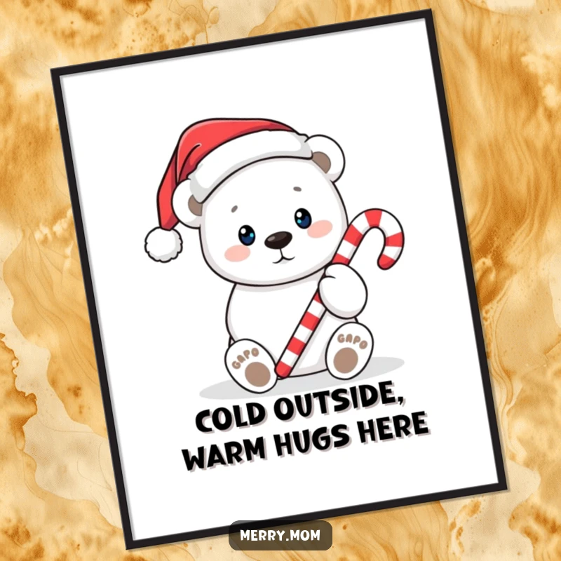 Funny Free Printable Wall Art: Adorable polar bear in Santa hat holding a candy cane, festive and cheerful downloadable art.