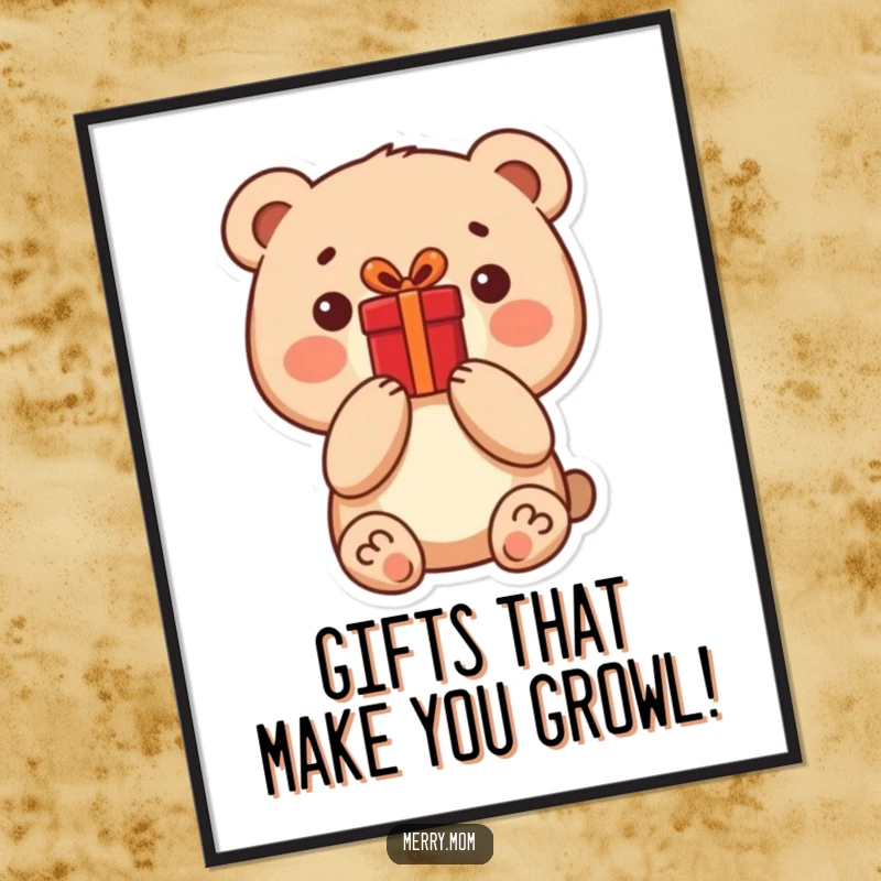 Cute Free Printable Wall Art featuring a small bear presenting a bright red gift, adding charm.