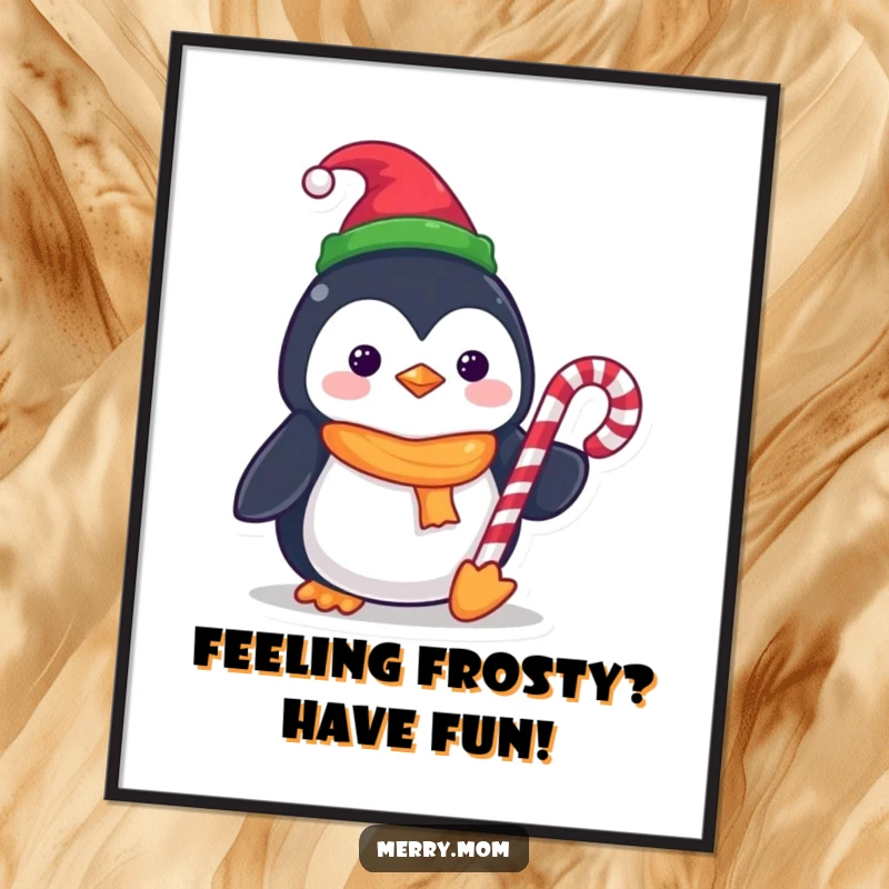 Funny Free Printable Wall Art: Cute kawaii penguin in elf hat, holding a candy cane, wintery and sweet.