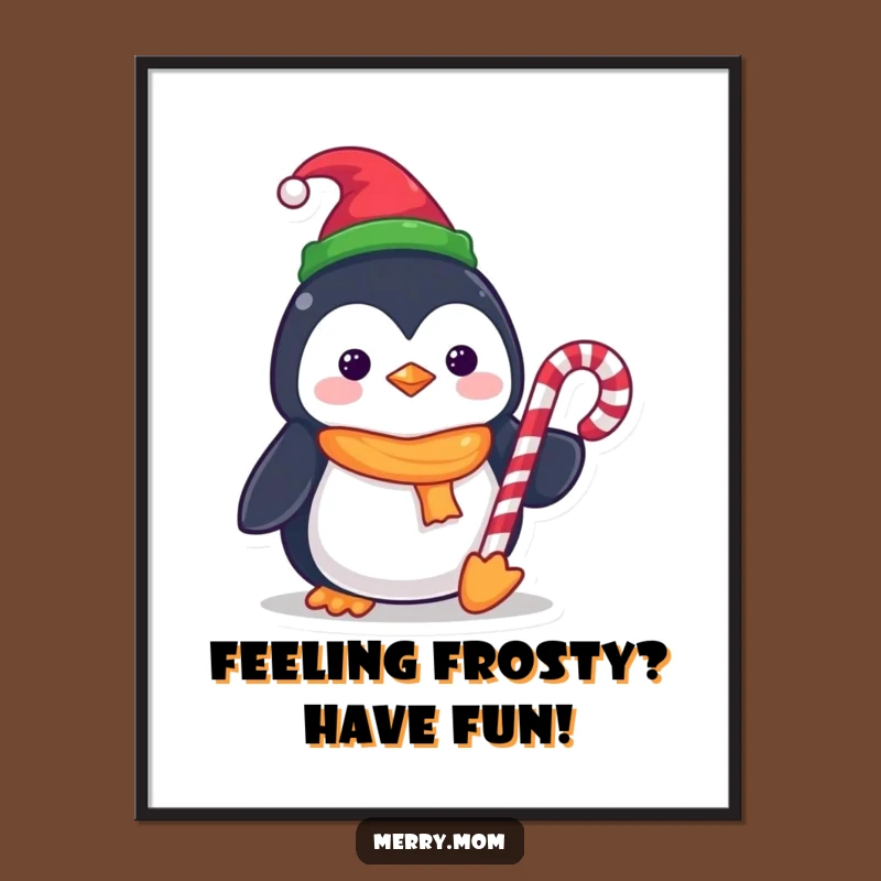 Funny Free Printable Wall Art: Kawaii Penguin with Candy Cane, Whimsical Downloadable Decor