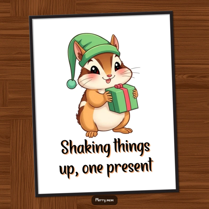 Funny Free Printable Chipmunk Elf Wall Art: A chipmunk in an elf hat shaking a present, adding a whimsical touch.