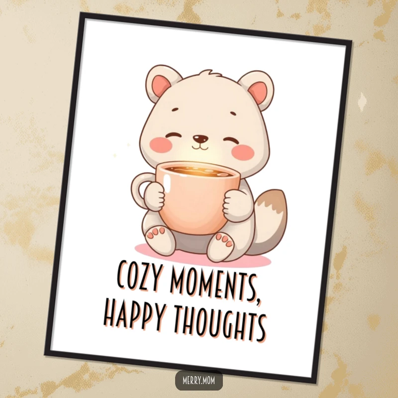 Funny Free Printable Wall Art: An animal holding a steaming cup of cocoa, emanating a warm glow, a cozy downloadable.