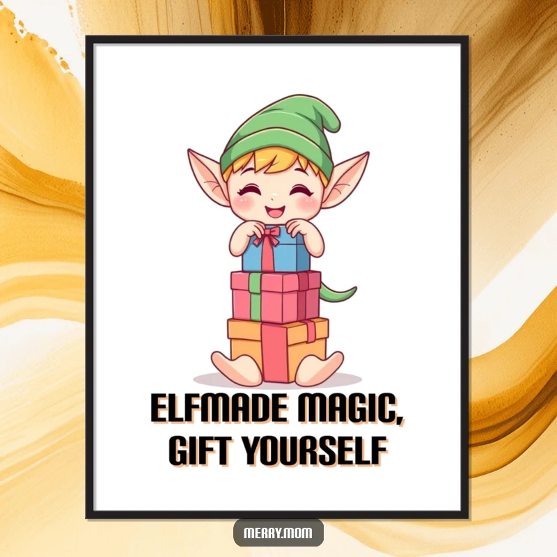 Funny Free Printable Wall Art: Kawaii elf elf joyfully stacking a tower of colorful gift boxes with a big grin.
