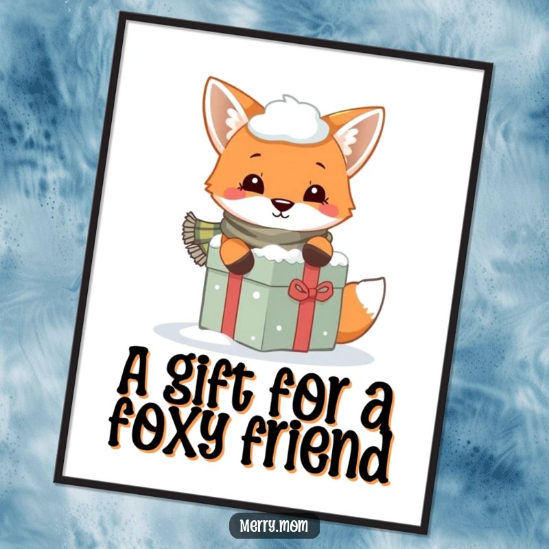 Funny Free Printable Wall Art: Playful fox with scarf peeking mischievously from behind a snow-covered gift.