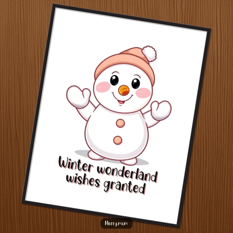 Funny Free Printable Wall Art: Smiling snowman with carrot nose, waving a mittened hand with a friendly expression.