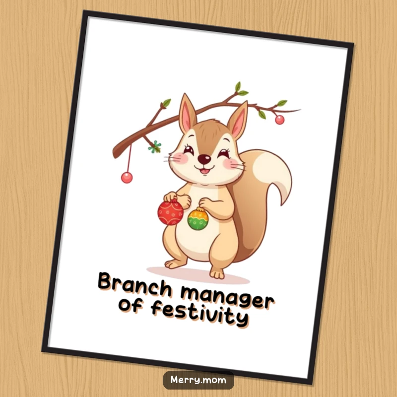 Funny Free Printable Squirrel Wall Art: Cheerful squirrel adorning a branch with tiny ornaments, cute downloadable art.