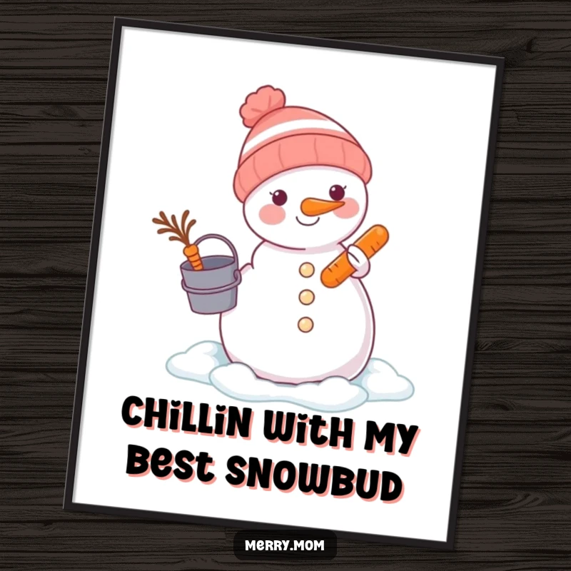 Funny Free Printable Wall Art: An animal focused on building a snowman, complete with bucket and carrot, bringing winter cheer.
