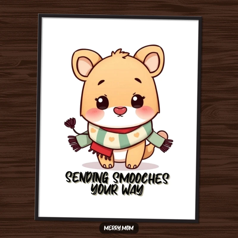 Funny Free Printable Wall Art: Adorable animal in festive scarf blowing a kiss, perfect for cheerful, downloadable home decor art.