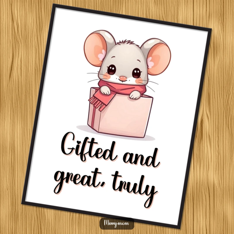 Funny Free Printable Wall Art: A kawaii mouse with a scarf peeks out of a gift box, exuding cuteness.