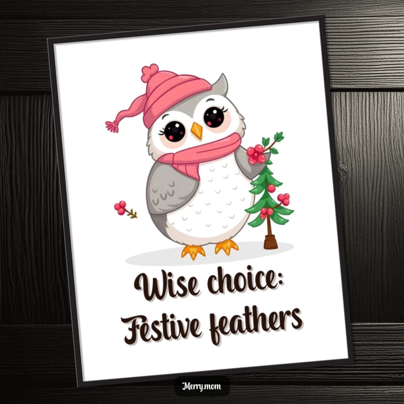 Cute Free Printable Wall Art: Kawaii owl mom joyfully decorating a small Christmas tree with bright red berries.