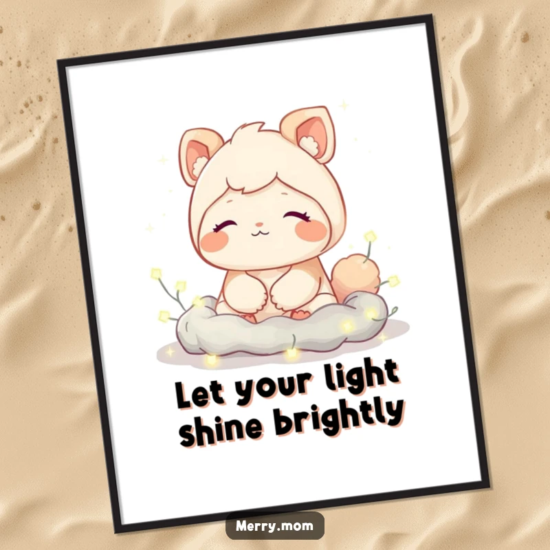 Funny free printable wall art: a cute creature with a relaxed sigh is nestled comfortably amongst a bed of bright fairy lights.